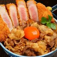 旨みが強い和牛ブリスケを炊き込んだ牛丼に、鹿児島県産舞桜豚のロースとんかつが乗った至極の一杯。ボリューム満点なだけでなく、厳選された牛肉と豚肉を一度に楽しめる人気メニューです。