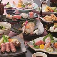・食前酒
・季節の前菜
・特選お造り
・焼き物
・吸い物
・鮮魚握り寿司
・油物
・神戸牛ステーキ
・鯛茶漬け
・汁物
・香の物
・月替わりの手作りデザート