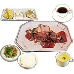 ●特撰黒毛和牛ロースステーキ　
・ライスorバゲット／スープ／サラダ／小鉢3品/コーヒーor紅茶