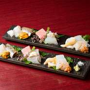 その日の朝に豊洲で仕入れた活〆の鮮魚から、独自で熟成させた魚も盛り込みます。※すべてコース一例のため値段は御座いません。