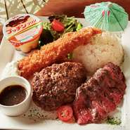 赤身と脂身のバランスが絶妙で上品な味わいの「カイノミステーキ」
肉汁たっぷりの「自家製牛100％ハンバーグ」
食べごたえ抜群の「20ｃｍの大きな海老フライ」
嬉しいデザート付き♪
※ライス or パン、スープ付き