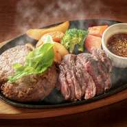 カイノミステーキと自家製牛100％ハンバーグのコラボレーション。
熱々の鉄板でお召し上がり下さい。
※ライス or パン、スープ付き