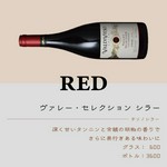 チリ/シラー
深く甘いタンニンと余韻の胡椒の香りでさらに奥行きある味わいに。
グラス：600円/ボトル：3,600円