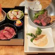 ランチ限定　肉寿司堪能御膳
ステーキ40g(外国産)・スープ
魚料理・サラダ・本日の一品・
肉寿司3貫・食後のお飲み物
ライス＋￥180