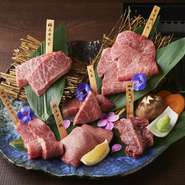 和牛極上カルビ、特上タン塩、リブロース、ヒレに、本日のおすすめ2種の盛り合わせ。それぞれの部位の上質なお肉が味わえるお得なメニューです。