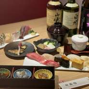 女将オススメ8250円コース。
先付け三点／茶碗蒸し／お造り七点／焼き魚／香の物／握り七貫／吸い物／水菓子