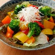 葉物野菜だけでなくボイル野菜を10種類以上を自家製ドレッシングで和えました。野菜不足にはぴったりのサラダです。ヘルシー志向の方にもぜひ！