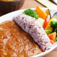 土づくりのアースダムである「長柄ダム」がモチーフで、黒米ご飯がポイントのダムカレー。塩麹とオリジナルブレンドのスパイスで香りと旨味を楽しんで！+300円で「大辛」にも！