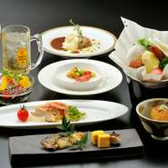 常駐している和食・洋食・中華それぞれ専門の料理人が織りなす会席。
前菜/造り/煮物・蒸物/魚料理/肉料理/食事/デザートの全7品