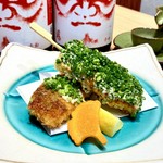 宇和島の鯛にねぎを挟んで串揚げにしました。