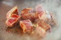 数寄屋造り風の日本料理の店内の奥にある鉄板焼カウンターは、天然石を積み上げた、日本の美が息づく壁が取り囲む、落ち着いた安らぎの空間。厳選された和牛と新鮮な魚介たちが鉄板に躍る臨場感を、お楽しみを。
