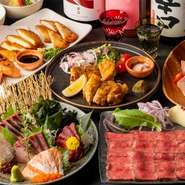 ・前菜（お通し）3点盛り
・半熟卵と生ハムのシーザーサラダ
・お刺身５点盛り合わせ
・ローストビーフ
・朝〆鶏のスチームグリル
・さつま揚げ３点盛り合わせ
・鶏ぞうすい
・飲み放題（2時間）