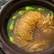 他のふかひれと違い一本毎のしっかりとした厚身と弾力が特徴です。100gより12,100円～15,000円でお召し上がりいただけます。