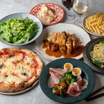 前菜盛り合わせにサラダ、選べるピッツァorパスタ、お肉のメインにデザートまでついたお得なコース！