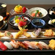寿司7貫・お造り・天ぷら（4種）・季節の逸品・茶碗蒸し・汁物・デザート