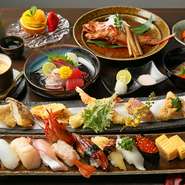 寿司7貫・お造り・天ぷら(5種)・季節の逸品(二品)・茶碗蒸し・汁物・デザート