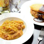 かぐや媛卵を使った代表的なメニューは『カルボナーラ』と『チキンオムライス』。かぐや媛卵は、飼料・鶏を育てる環境にもこだわった栄養たっぷりの卵です。カルボナーラをゆでる際の塩にもヒマラヤ岩塩を使用。