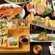 【うろこ家】の代名詞ともいえるのが、『金目の干物』『鮑の酒蒸し』など、旬と鮮度にこだわった魚料理。素材を引き立てる調理法で仕上げたり、旬の野菜と合わせたり。その日ごとのおいしさを堪能できます。