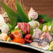 肉厚にスライスした魚介類。ボリュームも満点の『本日のおまかせお造り』