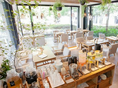 フレッシュグリーンに彩られた店内で、おいしい無農薬野菜を