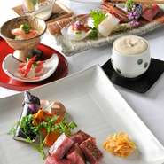 本日の前菜 /  先付 / 旬菜スープエスプーマ仕立て / 旬の焼き野菜白味噌のチーズフォンデュ
お好きなお肉 / お好きなお食事 / デザート / コーヒーまたは紅茶
※写真はイメージです。