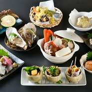 前菜、刺身、天ぷら、鍋…次々出てくる料理に舌鼓。おいしくて食べ応えがあり、飲み放題もセットになった満足できるコースメニューです。
※画像は6000円コース。他には7000円、9000円がございます。