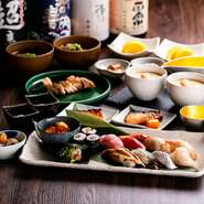 知床鶏炭火焼きや季節の食材を使った天ぷらに鮨9貫などを旬を楽しむ【旬楽】コース全22品。