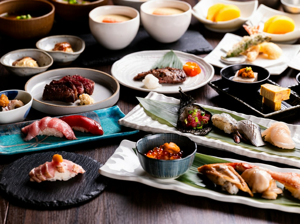 大とろ炙り握りやお造り五種、蒸鮑の利休酢掛けなど豪華逸品をご堪能いただける「富士コース」全14品！