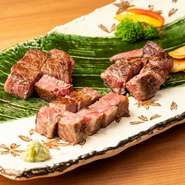 広島を代表するブランド和牛「広島牛」のステーキが同店の看板メニュー。A4、A5等級をあえて同価格で提供し、特に脂と赤身のバランスに優れたA4等級をおすすめしています。赤身、サーロイン、ヒレから好みを選んで。