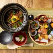 炊きたての土鍋ご飯を主役に、旬の食材を彩りよく盛り込んだ花籠御膳など、魅力的なメニューがずらりとラインナップ。一人でも気軽に入りやすいお店なので、自分へのごほうびランチ・ディナーにもどうぞ。
