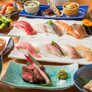 料理が提供された後は、寿司が数貫といった具合に、料理も寿司も味わえる魅力的なコースです。寿司は合計で12貫もあり、趣向を加えた本鮪や大トロ、ウニなど贅沢なおいしさが五感を満たします。