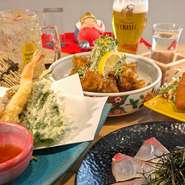 120分食べ飲み放題5500円
ラストオーダーなしで、天ぷらや寿司も時間いっぱい飲み食べ放題です。
飲み放題は、生ビール【エビスビール】、角ハイボールも飲み放題！ノンアルコールも充実しています！