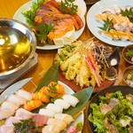めのじの海鮮鍋、握り寿司、天麩羅、居酒屋メニューが食べ放題！
【金・土・祝前は週末料金として500円UP】