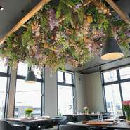 開放感をもたらす大きなガラス窓に、色とりどりの花や緑を引き立てるシックな空間。オシャレな店内から眺める街並みもまた、いつもとは一味違った印象に。非日常的な雰囲気の中で、食事を楽しめます。