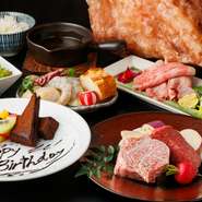その日に入荷した神戸牛を使用し、贅沢に満ちた料理がならぶ豪華なプラン。単品注文よりも肉を楽しめ、本格的なデザートプレートもついた記念日にふさわしいコースです。