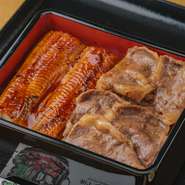 重箱の中に、和牛とうなぎが半分ずつ。肉汁たっぷりの和牛と、ふわふわ食感のうなぎはどちらもおいしく贅沢な味わいです。特にうなぎは、おいしく味わえるかをテーマに、研究を重ねたこだわりの味。