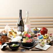 ソムリエ厳選の日本酒10銘柄を含む大満足飲み放題プラン。料理長渾身の高級食材盛り沢山会席をご堪能下さい