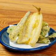 とれたての野菜をはじめ、その季節を代表する食材を使った天ぷらを揚げたてで提供。カウンターでは天ぷらが揚がる心地良い音や香りも、臨場感たっぷりに味わえます。