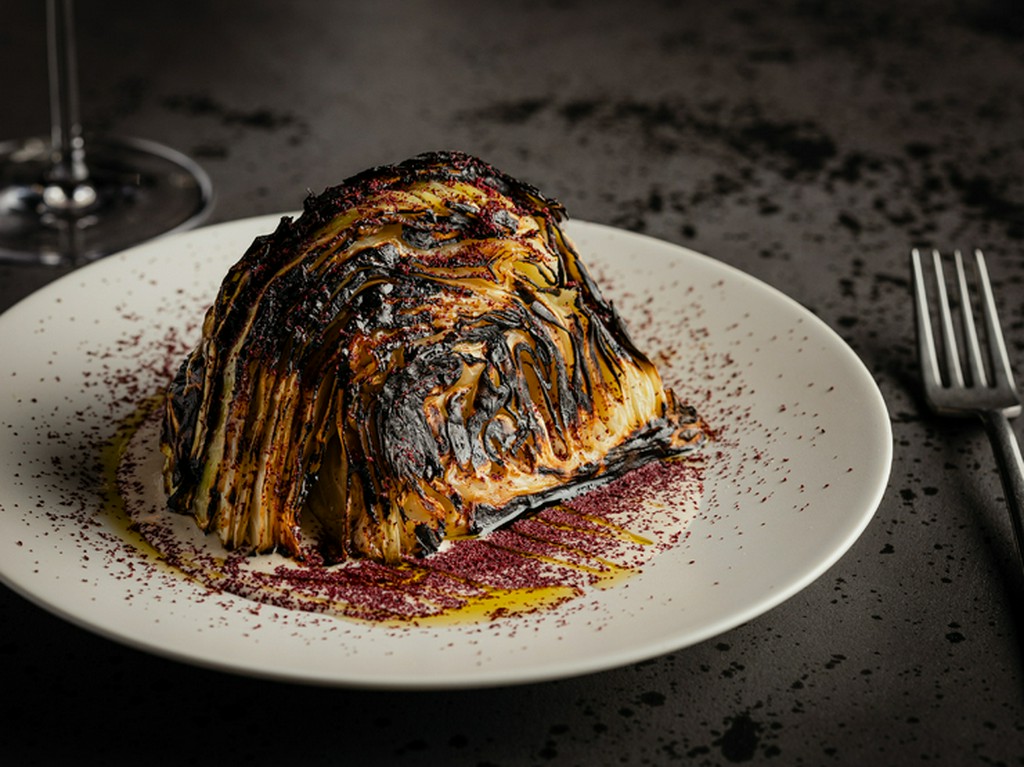 パンの香りと麹の旨みが調和したパン味噌を葉っぱの間に塗り込んだ『キャベツの炭埋め焼き』