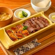 料理の主役は、自社で養殖している山梨県産の鰻と国産A5ランクの和牛。蒲焼きと白焼きで味わえる鰻、低温調理でじっくり調理した和牛のほか、老舗鰻店専用のタレや淡路島の藻塩も料理を引き立てています。