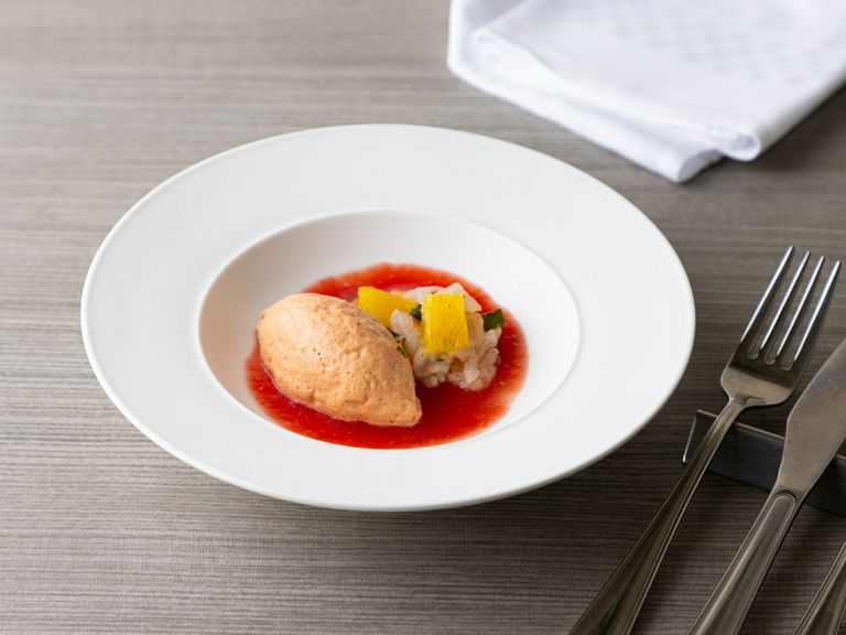 冷前菜 トマトのムースと海老とオレンジのタルタル