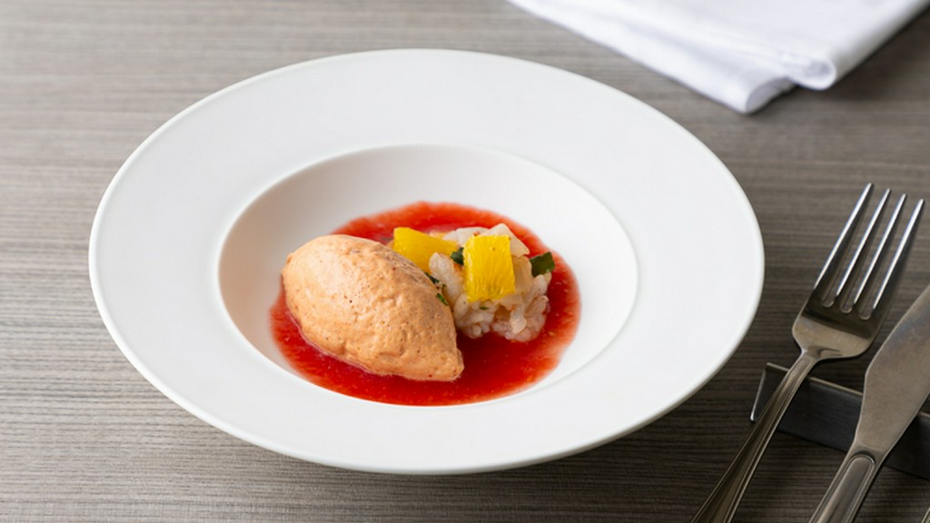 冷前菜 トマトのムースと海老とオレンジのタルタル