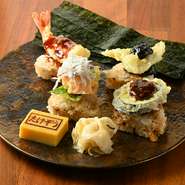 赤海老と柚子胡椒（タレ）
明太子と釜揚げしらす
キスとわさび海苔
茄子と肉味噌
厚甘玉子、がり
※サラダ、小鉢、味噌汁付き