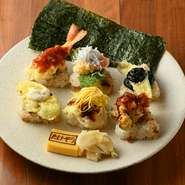 赤海老と柚子胡椒（タレ）
明太子と釜揚げしらす
キスとわさび海苔
季節野菜のかき揚げ
厚切り椎茸とアンチョビマヨ
穴子まぶしと錦糸卵（タレ）
厚甘玉子、がり
※サラダ、小鉢、味噌汁付き