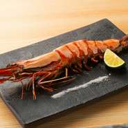20超cmえの大きな海老を原始焼きで。海老の旨味が凝縮された一品です。
