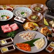 前菜3種盛り、虎ふぐてっさ、焼き虎ふぐ　上身3種盛り、虎ふぐ唐揚げ、黒毛和牛サーロインの焼肉、酢橘の冷麺、水菓子と、ふぐも焼肉も楽しめるコースです。