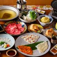 前菜3種盛り、虎ふぐてっさ、焼き虎ふぐ　上身3種盛り、虎ふぐ唐揚げ、すっぽんスープで食す　黒毛和牛のしゃぶしゃぶ、〆のラーメン、水菓子のコースです。