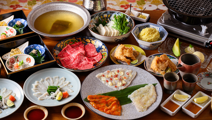 Grilled tiger pufferfish and Japanese black beef shabu-shabu course