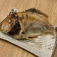 市場から仕入れた新鮮な真鯛やメバル、イサキなどを「原始焼き」で丹念に焼き上げています。炭火の遠赤外線効果により、魚の皮はパリッと香ばしく、身はふわっとジューシーな仕上がりに。