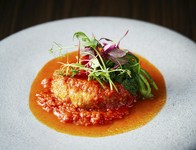 大豆ミートのハンバーグにイタリア産トマトで煮込んで焼き野菜とプラント野菜を添えてベジタリアンの料理になります。